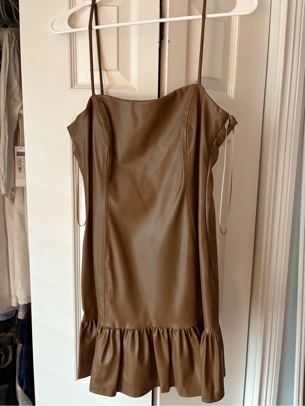 Zara Brown Faux Leather Ruffle-Hem Mini Dress